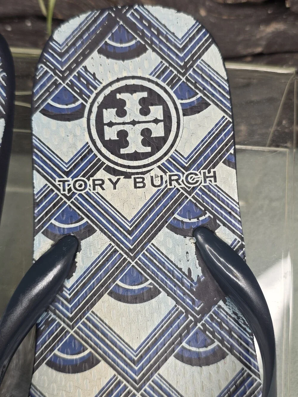 Tory Burch Blue & White Geometric Logo Print Flip Flop Sandals w/ Gold Medallion